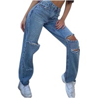 Innerternet Damen Jeanshosen Y2K Asymmetrische Loch Jeans High Waist Stretch Denim Pants Casual Baggy Gerade Jeanshose E-Girl Streetwear-Hose Bekleidung