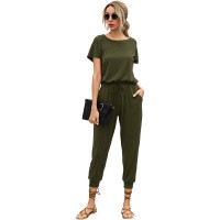 Floerns Women's Solid Elastic Waist Long Romper Jumpsuit with Pockets Green S Bekleidung