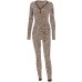 YSpoe Damen Leopard Onesie Button Flap Pyjama mit Button Down Strampler Langarm Bodysuit V-Ausschnitt Nightwear Push Up BH JumpsuitS-XXXL Bekleidung