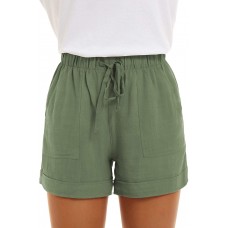 SMENG Damen Normallack lose beiläufige Hosen mit Taschen Workout Kordelzug Shorts Lounge für Sommer Grün M Bekleidung