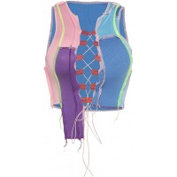 Women Patchwork Crop Top Hollow Out Lace Up E-Girls Y2K Cami Tank Tops Zipper Vest Clubwear Outwear Bekleidung