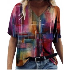 3D Druck Damen T-Shirt Sommer Kurzarm Oberteile Tshirt V-Ausschnitte Loose Tunika Bluse Bunte Motiv Tops Oversize Shirt Top Pulli Bekleidung
