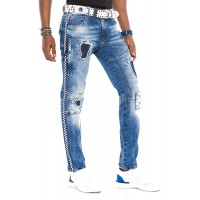 Cipo & Baxx Herren Jeans Hose Ripped Slim Fit Destroyed Denim Hose Patches Kontrastnähte Jeanshose Bekleidung