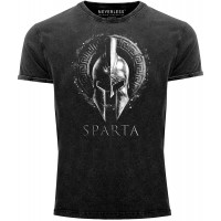Neverless® Herren Vintage Shirt Aufdruck Sparta Helm Krieger Warrior Printshirt T-Shirt Used Look Slim Fit Bekleidung