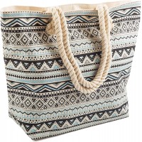 AIREE FAIREE Strandtasche Damen 47 x 35 x 15cms Large Sommer Leinentragetaschen Seil Aztec Muster Griff Schwarz Schuhe & Handtaschen