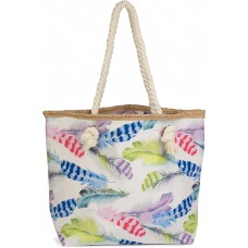 styleBREAKER Strandtasche mit Buntem Feder Muster und Reißverschluss Schultertasche Shopper Badetasche Damen 02012059 FarbeWeiß-Blau Schuhe & Handtaschen